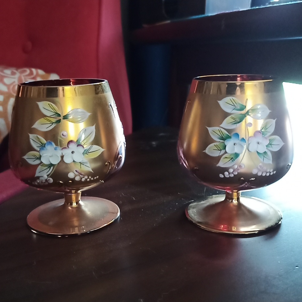 2-Vintage Borske Czech Republic 24 Kt Gold Overlay Brandy Snifter Hand P…